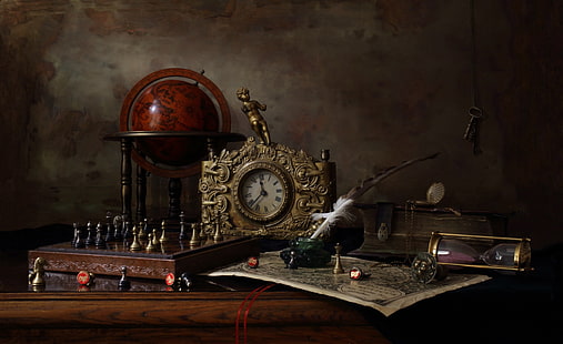 писалка, часовник, ключ, шах, фигурка, натюрморт, глобус, мастило, HD тапет HD wallpaper