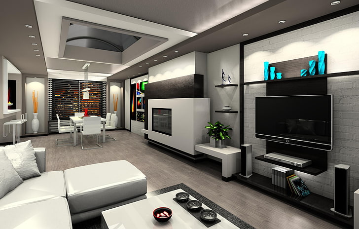 Gray flat screen TV, design, modern, interior, home, luxury, apartment, HD  wallpaper | Wallpaperbetter