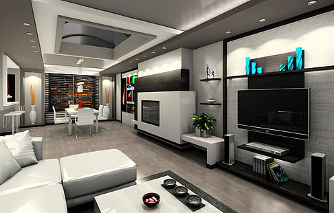 gray flat screen TV, design, modern, interior, home, luxury, apartment, HD wallpaper HD wallpaper