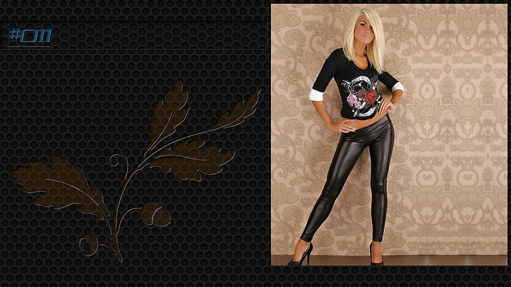women's black patent leather pants, model, leather, heels, blonde, HD wallpaper