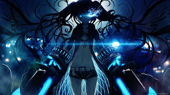 Black Rock Shooter, Anime, Anime Girls, blaue Augen, leuchtende Augen, langes Haar, dunkel, HD-Hintergrundbild HD wallpaper