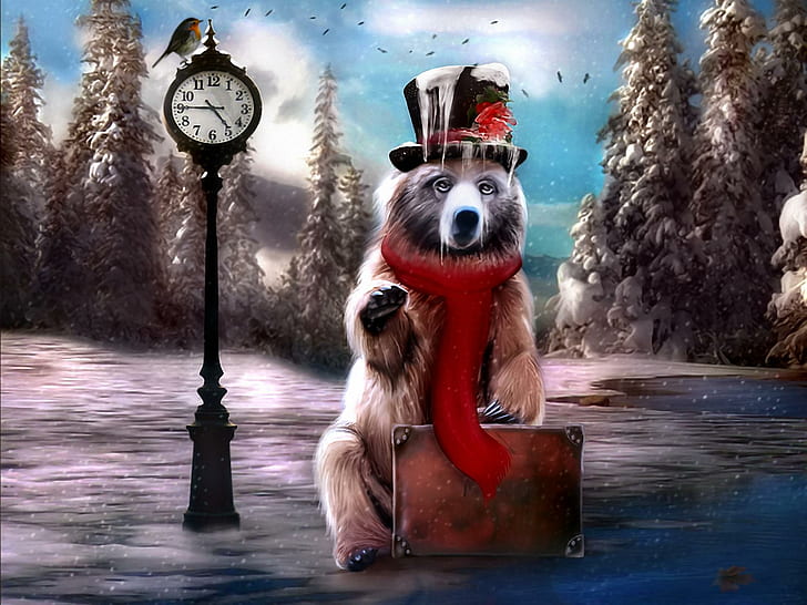 Travelling Bear, clock, bus stop, suitcase, trees, snow, winter, painting, bear, 3d and abstract, HD wallpaper