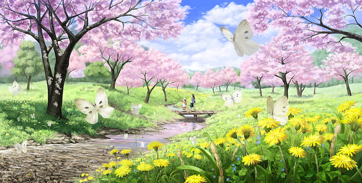 blossoms, butterfly, cherry, clouds, flowers, girls, grass, hat, imaoka, landscape, original, scenic, tree, water, HD wallpaper