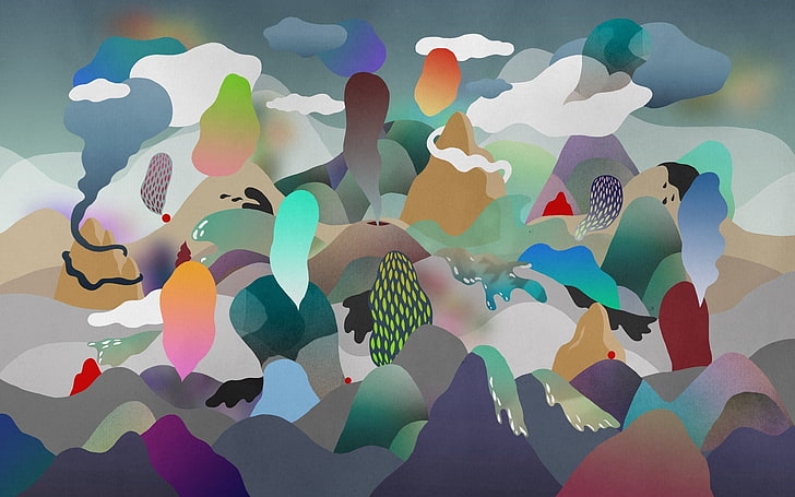 lukisan abstrak warna-warni, awan, gunung berapi, imajinasi, cat, noda, Wallpaper HD
