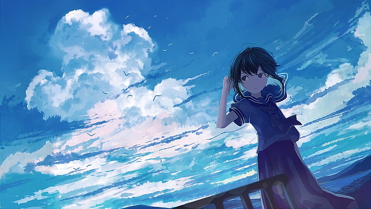 czarnowłosa dziewczyna postać z anime, anime, manga, anime girls, niebo, niebieski, chmury, uczennica, mundurek marynarza, morze, Tapety HD