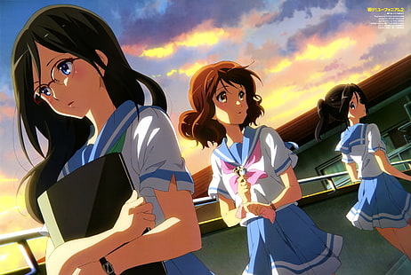 Hibike!Euphonium, Tanaka Asuka, Oumae Kumiko, Kasaki Nozomi, Sonnenuntergang, Schule, Anime, HD-Hintergrundbild HD wallpaper