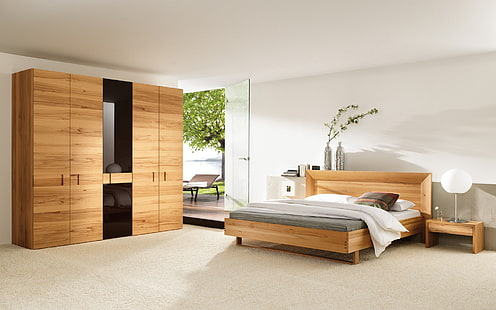 set furnitur kamar tidur kayu coklat, kamar tidur, lemari pakaian, gaya, kayu, Wallpaper HD HD wallpaper