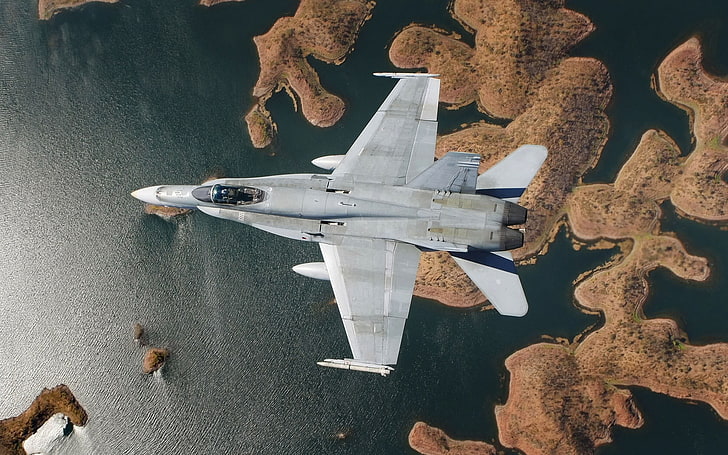 avión de combate gris, mar, avión, militar, McDonnell Douglas F / A-18 Hornet, avión, super avispón, avión militar, Fondo de pantalla HD