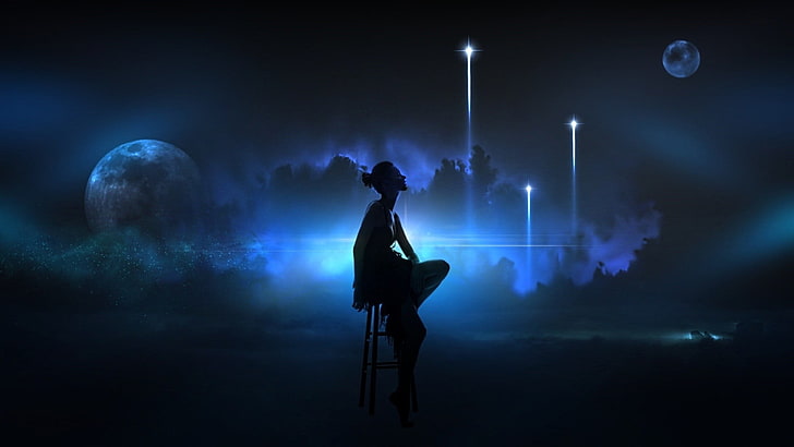 person sitting on chair, artwork, digital art, abstract, surreal, Moon, fantasy art, fantasy girl, HD wallpaper