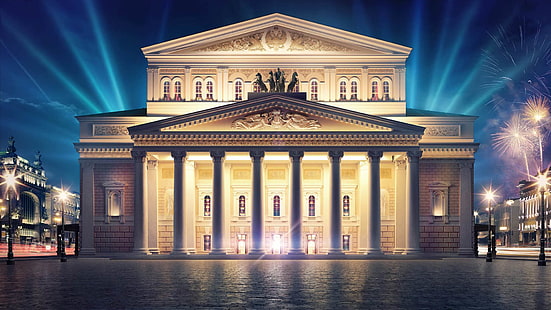 เมือง, แสงไฟ, ตอนเย็น, มอสโก, ดอกไม้ไฟ, รัสเซีย, ท้องฟ้ายามค่ำคืน, โรงละคร Bolshoi, วอลล์เปเปอร์ HD HD wallpaper