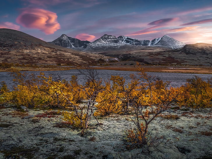 autumn, mountains, lake, Norway, the bushes, Rondane National Park, Rondane Mountains, Mountain Rondane, HD wallpaper