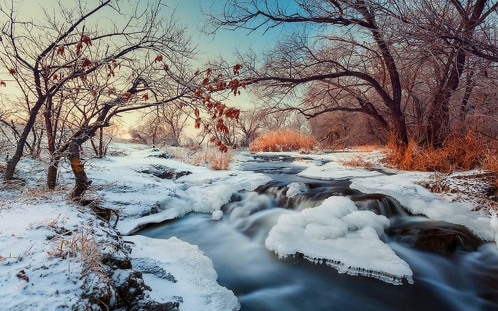 nature, landscape, winter, river, snow, trees, shrubs, sunset, stream, white, brown, motion blur, water, ice, branch, HD wallpaper