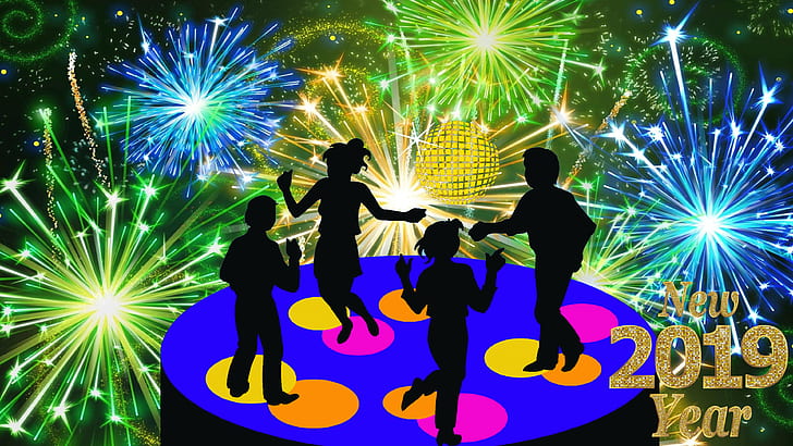 Capodanno 2019 Discoteca Musica Danza Celebrazione Fuochi d'artificio Biglietto di auguri Capodanno sfondi HD per telefoni cellulari e computer, Sfondo HD