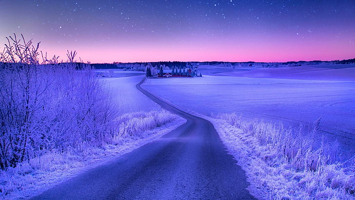 Jalan, musim dingin, langit, pemandangan bintang, jalan, musim dingin, pemandangan bintang, Wallpaper HD