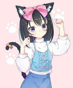 anime, anime girls, animal ears, nekomimi, tail, black hair, purple eyes, HD wallpaper HD wallpaper