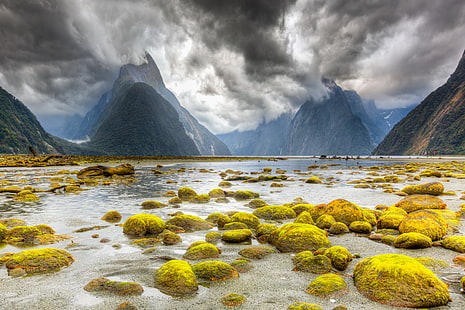 clouds, mountains, stones, New Zealand, mucus, the fjord, South island, Milford Sound, The Fiordland national Park, HD wallpaper HD wallpaper