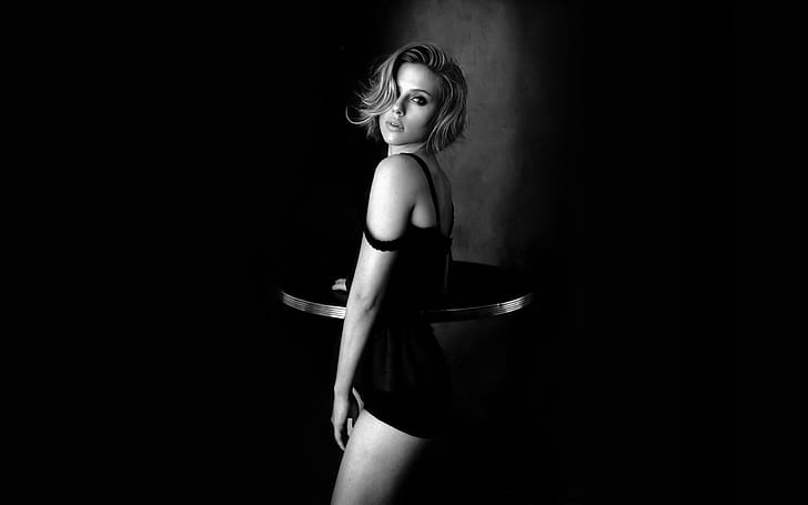 Scarlett Johansson, monochrome, celebrity, actress, blonde, women, bare shoulders, HD wallpaper