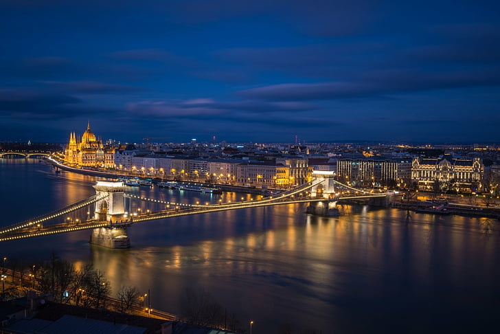 Cities, Budapest, Bridge, Building, Chain Bridge, City, Hungarian Parliament Building, Hungary, Night, HD wallpaper