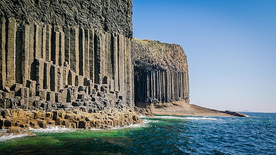 cliff, sea, sky, staffa, rock, promontory, coast, historic site, formation, scotland, water, united kingdom, basalt, geology, HD wallpaper HD wallpaper