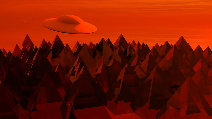 platillos voladores montañas cielo rojo, Fondo de pantalla HD