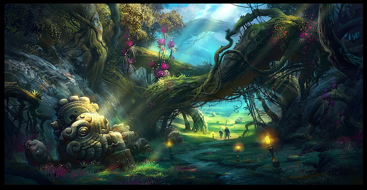 wallpaper pohon hijau, sihir, seni fantasi, Wallpaper HD
