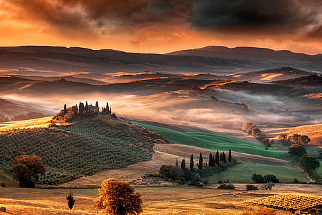 natur, landskap, dimma, berg, dal, Toscana, Italien, HD tapet HD wallpaper