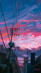 dzieło sztuki, zachód słońca, niebo, urban, chmury, anime, Tapety HD HD wallpaper
