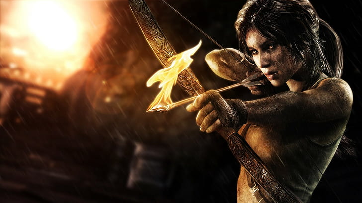 video games, arrows, Tomb Raider, bow, fire, Lara Croft, HD wallpaper