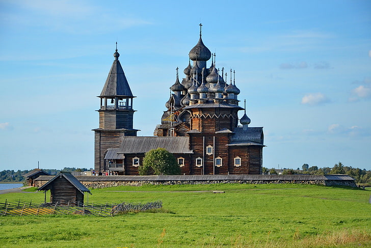 bangunan coklat dan abu-abu, pemandangan, danau, pulau, Gereja, Rusia, kubah, Karelia, Kizhi Pogost, Wallpaper HD