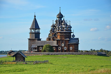 brun och grå byggnad, landskap, sjö, ö, kyrka, Ryssland, kupol, Karelia, Kizhi Pogost, HD tapet HD wallpaper