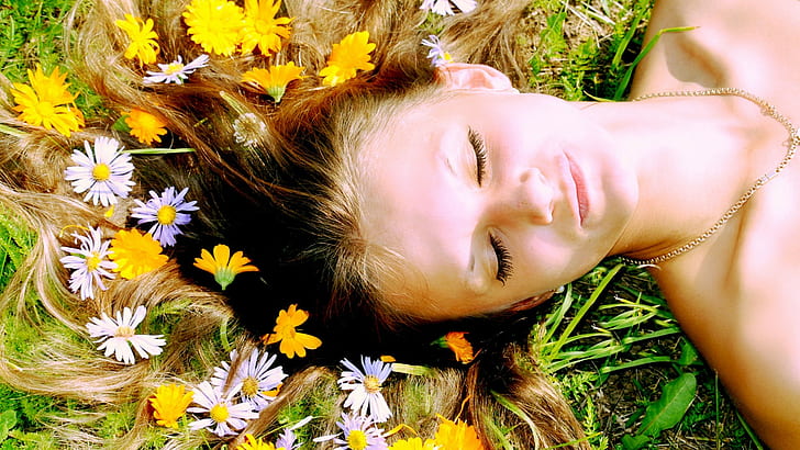 women, women outdoors, flower in hair, brunette, relaxing, face, closed eyes, lying down, HD wallpaper