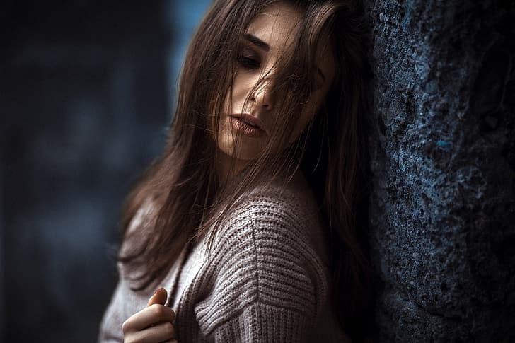 girl, wall, Model, long hair, photo, mood, bokeh, lips, face, brunette, portrait, mouth, close up, open mouth, closed eyes, sweater, depth of field, straight hair, hair in face, Anatoly Oskin, HD wallpaper