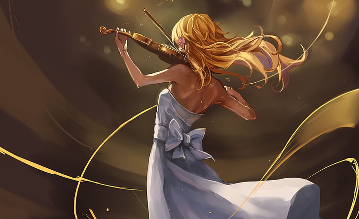 Mujer tocando la ilustración del violín, Shigatsu wa Kimi no Uso, Miyazono Kaori, violín, Fondo de pantalla HD