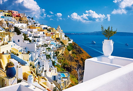Towns, Santorini, Greece, House, Ocean, Sea, Village, HD wallpaper HD wallpaper