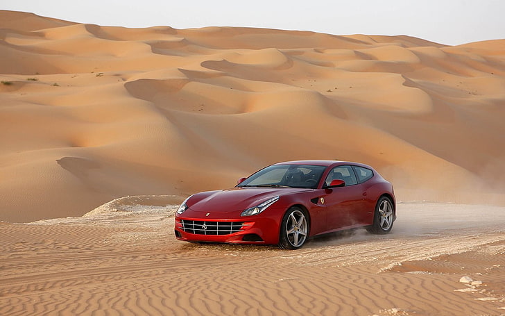 car, Ferrari FF, red cars, desert, dune, vehicle, sand, HD wallpaper