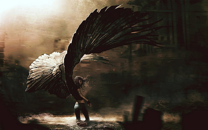 woman with wings painting, angel, girl, fallen, wings, HD wallpaper