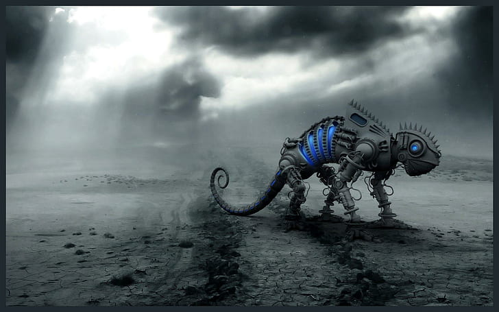 Мистер Дино, художественный, неон, динозавр, робот, синий, HD обои