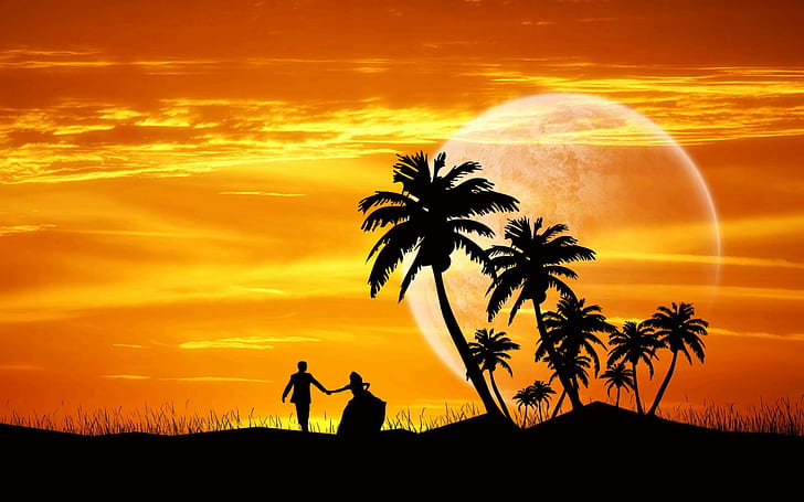 Couple Dance Evening, silhouette of couple and coconut trees, dance, evening, couple, HD wallpaper