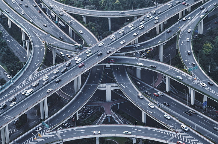 gray concrete road, road, traffic, car, vehicle, aerial view, HD wallpaper