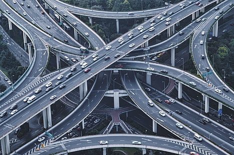 route en béton gris, route, trafic, voiture, véhicule, vue aérienne, Fond d'écran HD HD wallpaper