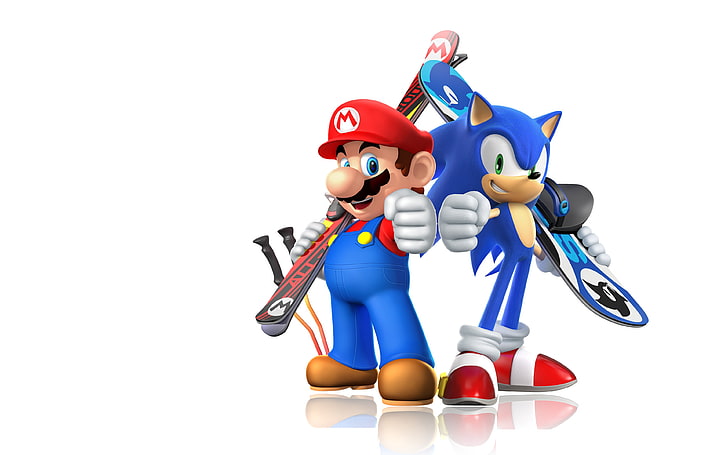 Super Mario and Sonic wall paper, Mario Bros., Sonic the Hedgehog, video games, skis, snowboards, simple background, Mario and Sonic at the Sochi 2014 Olympic Winter Games, HD wallpaper