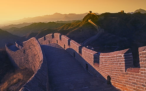 Gran Muralla China, China, Gran Muralla China, arquitectura, puesta de sol, colinas, paisaje, Fondo de pantalla HD HD wallpaper
