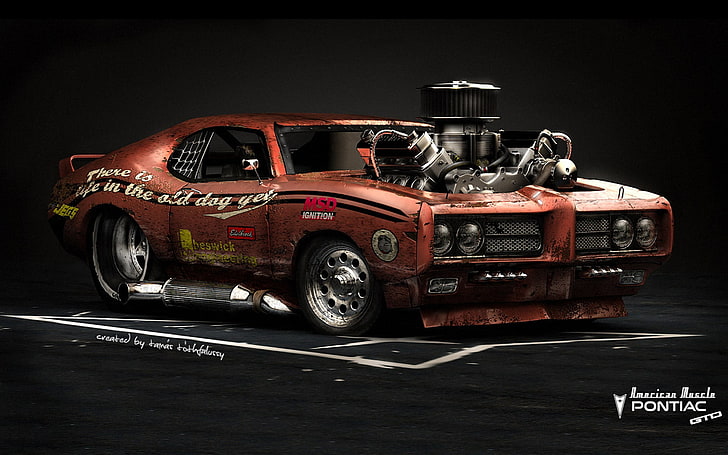 red sport car, car, CGI, Pontiac, Pontiac GTO, muscle cars, render, vehicle, digital art, HD wallpaper