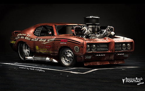 red sport car, car, CGI, Pontiac, Pontiac GTO, muscle cars, render, vehicle, digital art, HD wallpaper HD wallpaper
