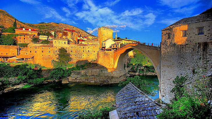 Стари Мост, старый мост, Мостар, мост, город, древний город, Босния и Герцеговина, Босния, голубое небо, исторические, историческое место, HD обои