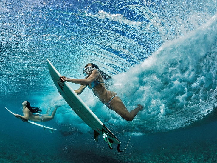 women, surfing, sea, underwater, HD wallpaper