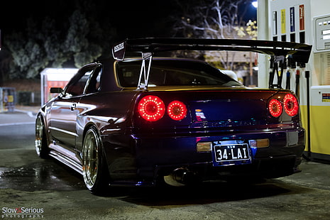 niebieskie coupe, noc, tuning, GT-R, Nissan, Nissan Skyline, R34, panorama, Tapety HD HD wallpaper