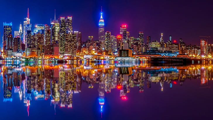 Cities, New York, Building, City, Hudson River, Manhattan, Night, Reflection, River, Skyscraper, USA, HD wallpaper