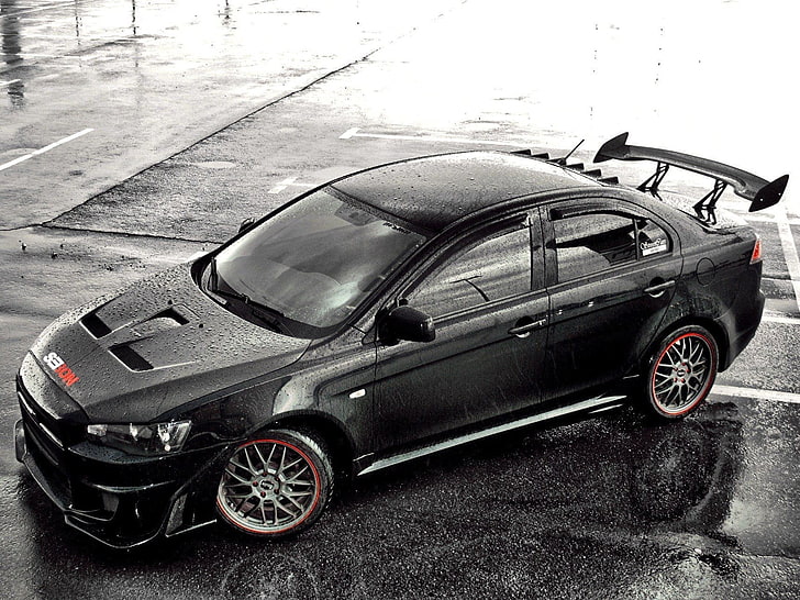 black Mitsubishi Lancer Evo X, car, rain, water drops, rims, Mitsubishi Lancer, Mitsubishi, Mitsubishi Lancer Evo X, HD wallpaper
