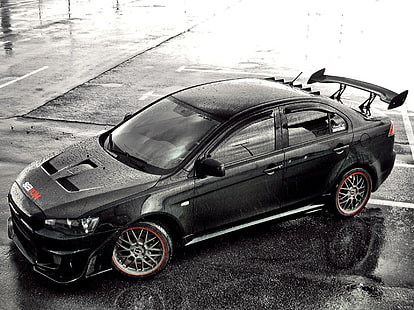 black Mitsubishi Lancer Evo X, car, rain, water drops, rims, Mitsubishi Lancer, Mitsubishi, Mitsubishi Lancer Evo X, HD wallpaper HD wallpaper